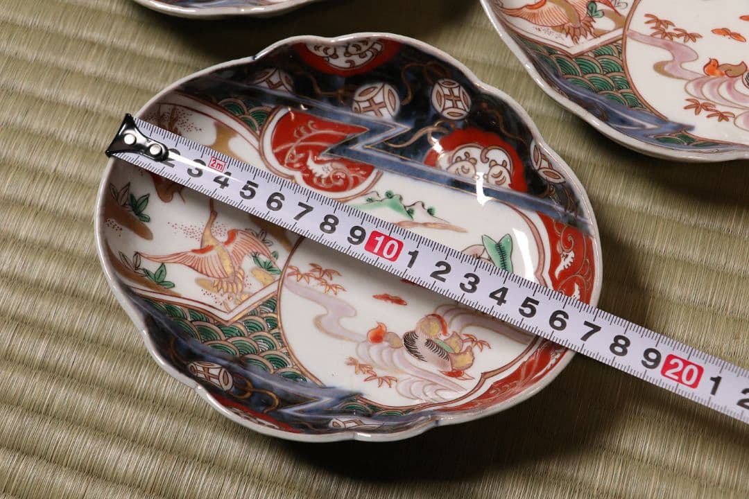 古伊万里 鳥の図 色絵 刺身皿 変形皿 五客 錦手 鴛鴦 鶴 瓢箪 CL96