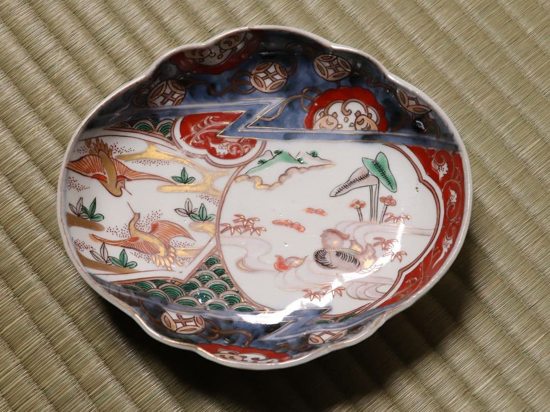 古伊万里 鳥の図 色絵 刺身皿 変形皿 五客 錦手 鴛鴦 鶴 瓢箪 CL96