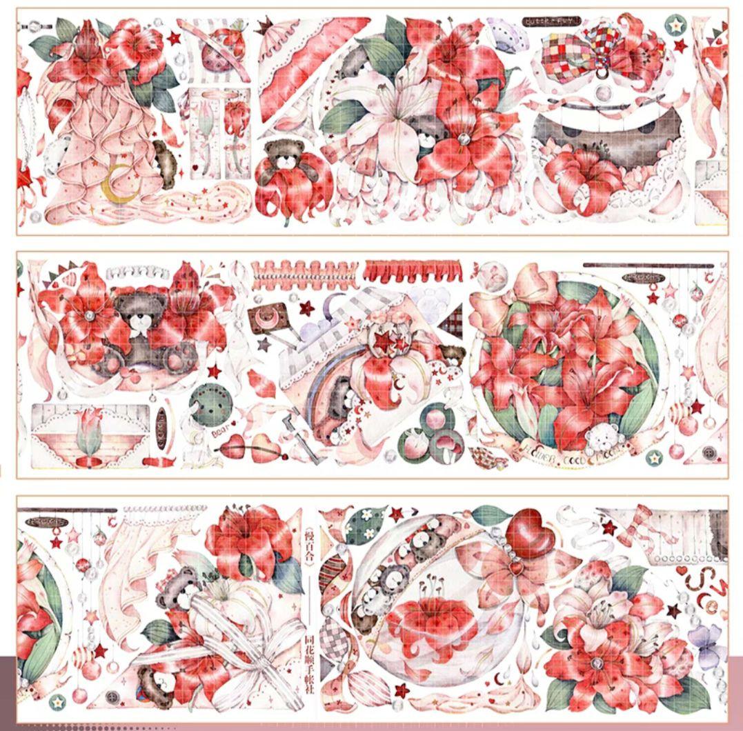 巻売 086★ 海外 マスキングテープ マステ PET 装飾 花 熊 金ホロ