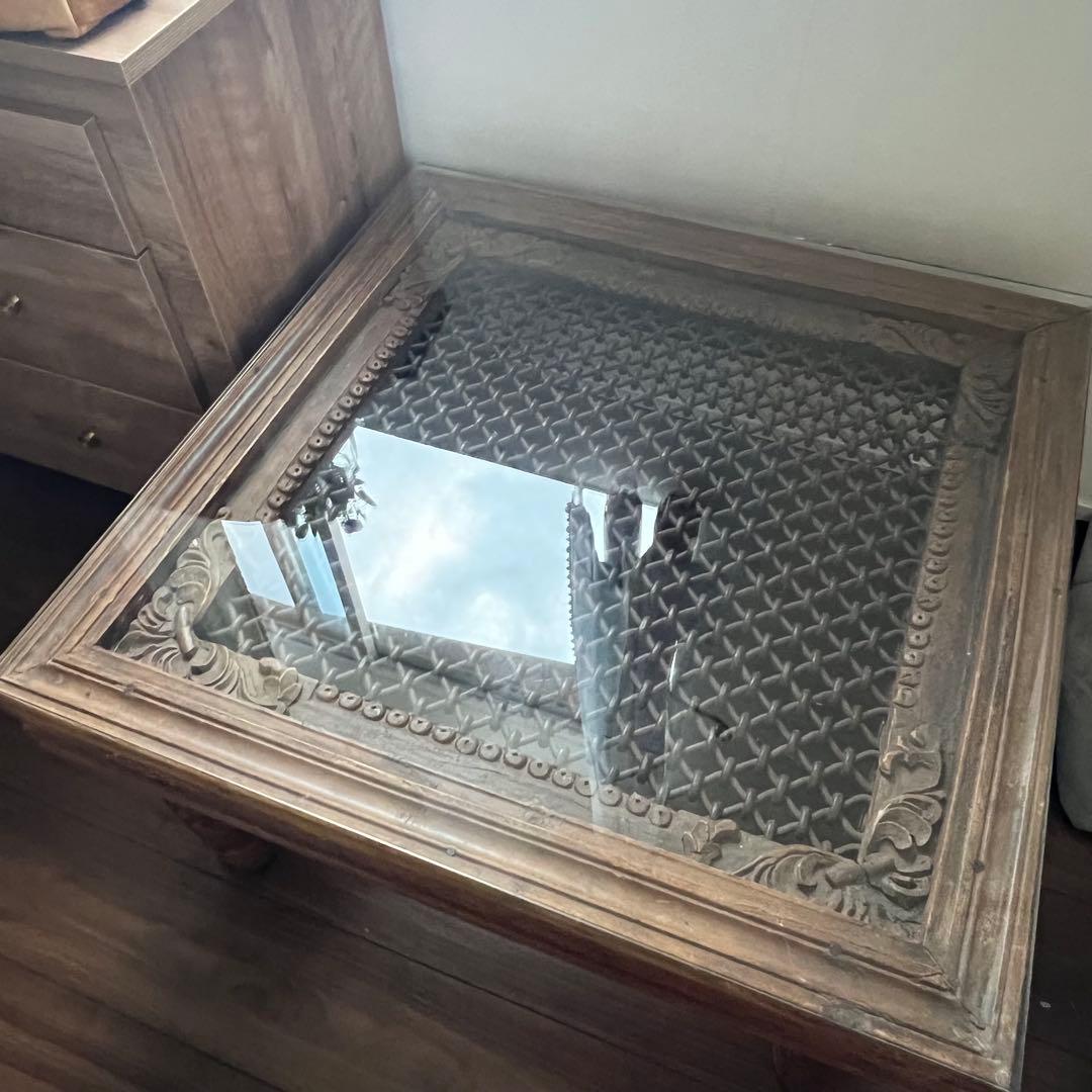 【たのメル便】アンティークインド家具 彫刻装飾付き鉄製×木製座卓