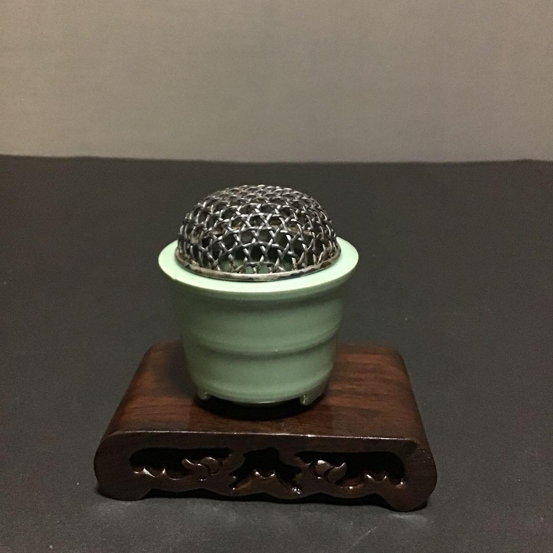 上村松篁(在銘)青磁銀火屋　香炉　台付　楽吉左衛門陶芸指導