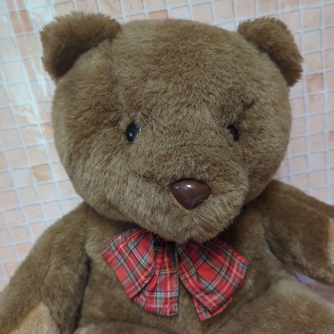 SANRIO・茶色くまのぬいぐるみ 赤いチェックリボン・昭和レトロ・旧ロゴ