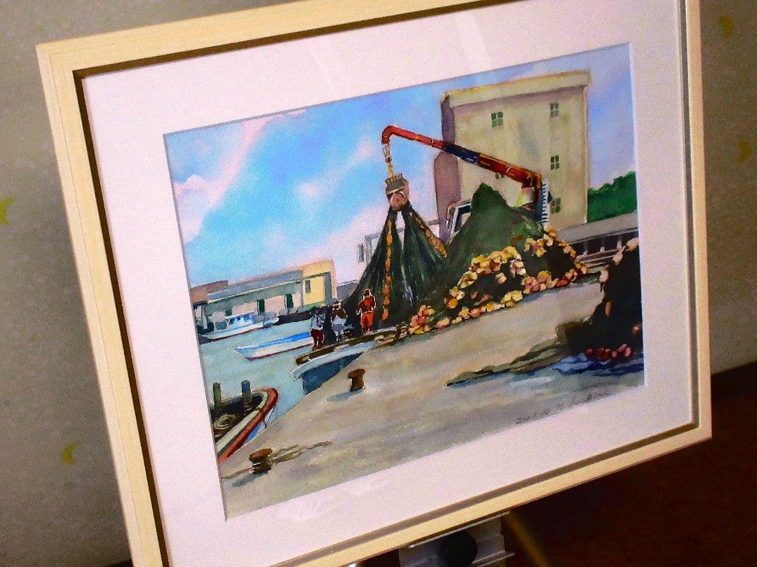 港の風景 水彩画 額装済み F6号