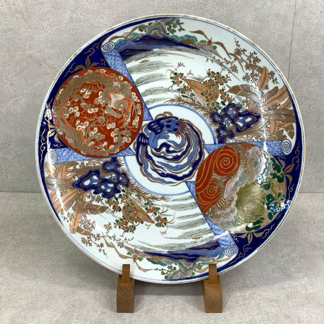 大皿 直径46cm 龍虎 鳳凰 色絵 伊万里 有田 縁起 アンティーク ⑦