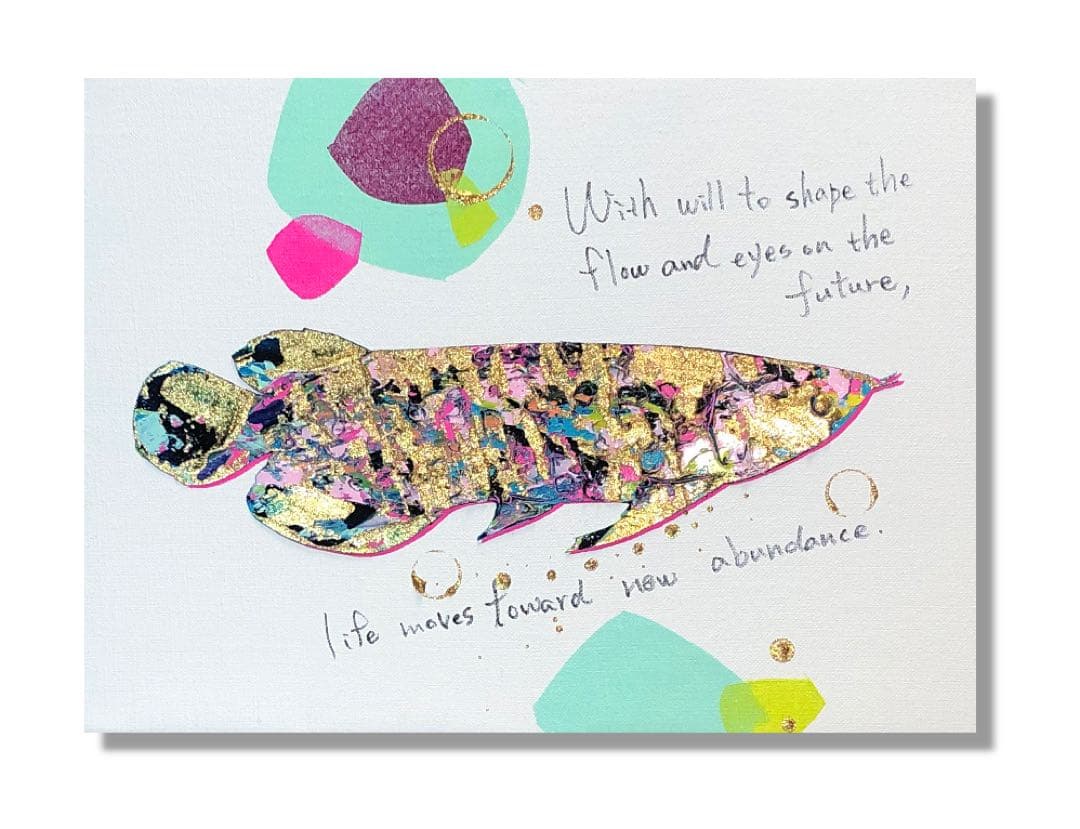 油絵　原画　一点物　魚　アロワナ　ゴールド　アート　ポップ　インテリア　F4