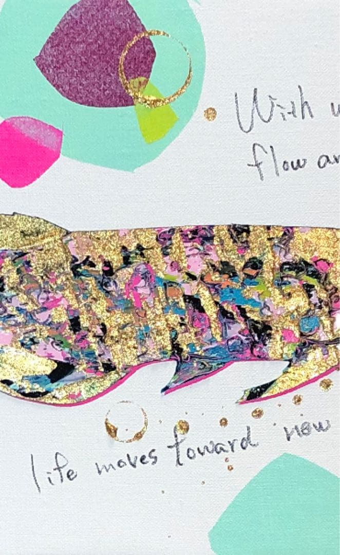 油絵　原画　一点物　魚　アロワナ　ゴールド　アート　ポップ　インテリア　F4