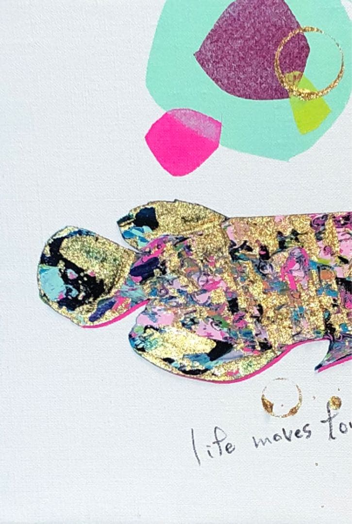 油絵　原画　一点物　魚　アロワナ　ゴールド　アート　ポップ　インテリア　F4