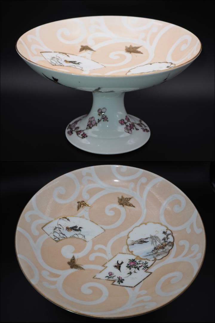 横浜焼 井村彦次郎作 金彩花鳥蝶風景図 高台皿  里帰り