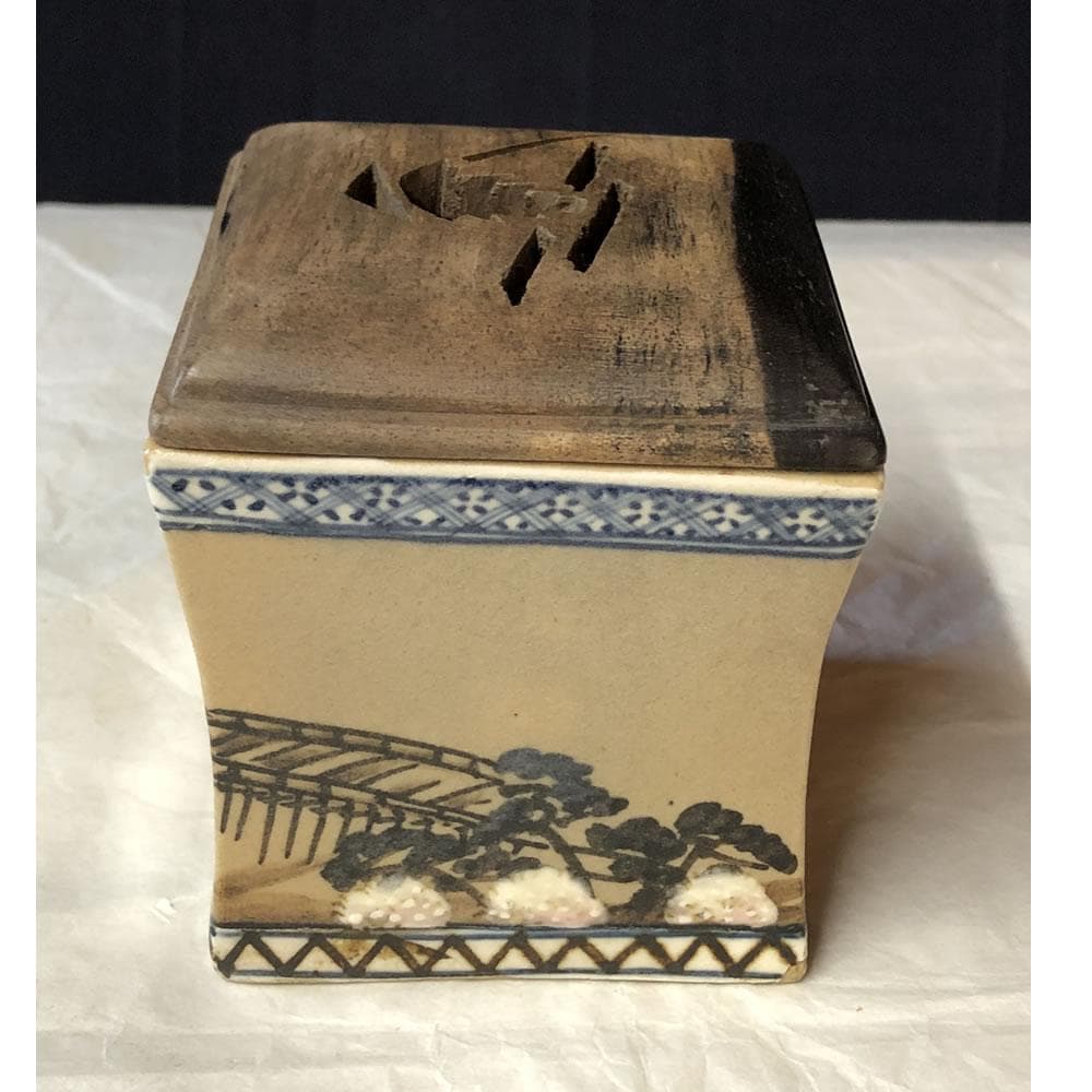 F1038 乾山 四方香炉 黒柿 火屋 木箱入り 香炉 茶道具