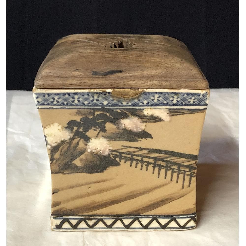 F1038 乾山 四方香炉 黒柿 火屋 木箱入り 香炉 茶道具