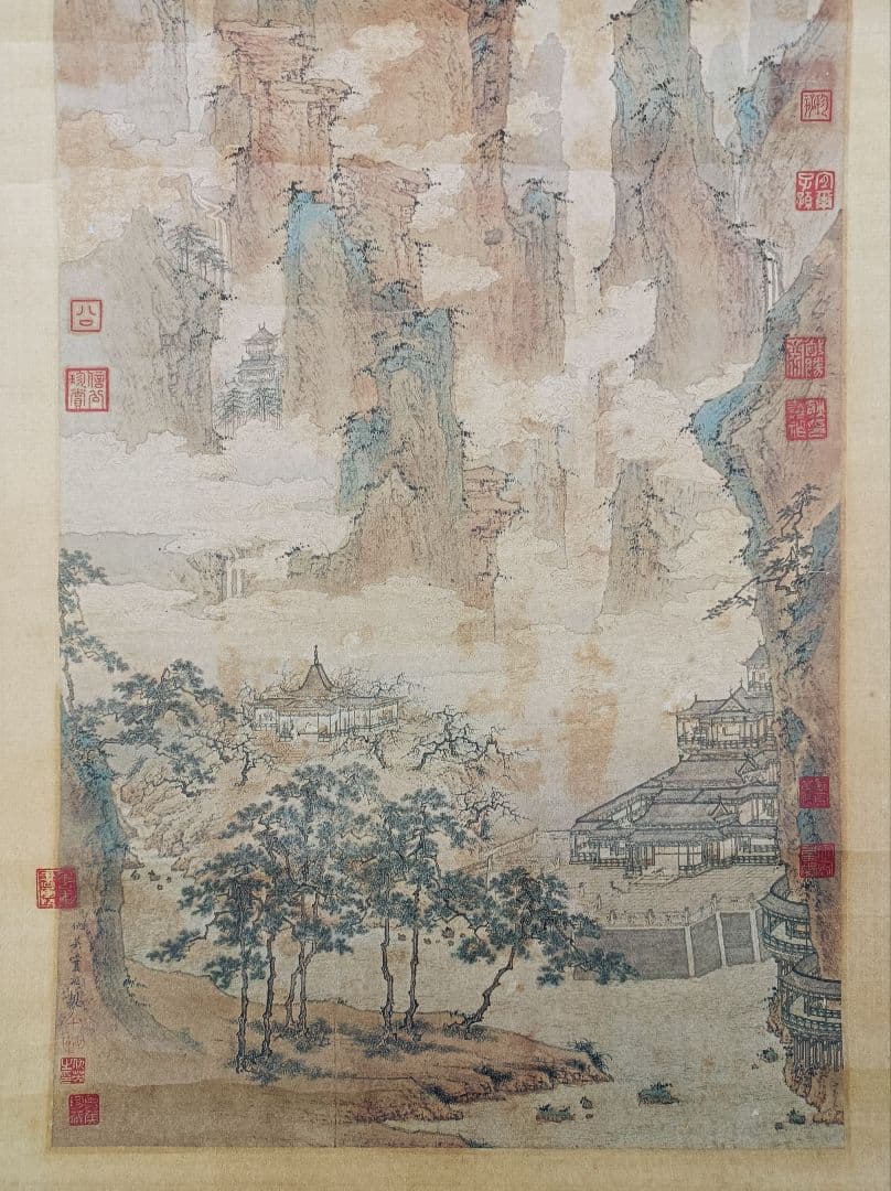 レア 仇英 軸 おもてなし 開運 絵 滝 山水 城 中国 美術 骨董 インテリア