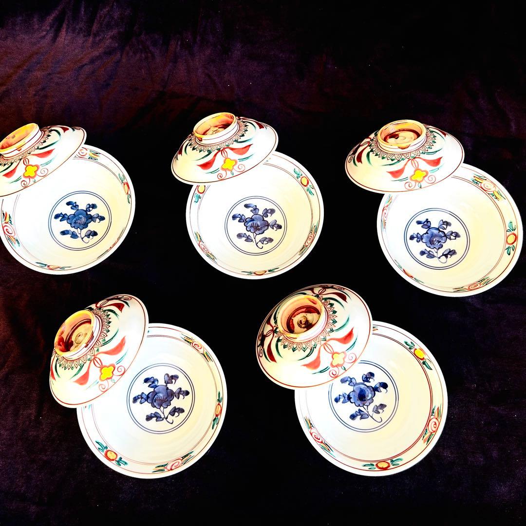 【未使用．美品】清水焼き　 蓋茶碗　蓋付き碗　飯碗　茶碗 色絵 五客 和食器