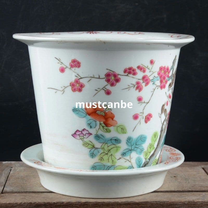 手描きパステル花鳥紋小花鉢 花鉢 盆栽鉢 装飾品 現代工芸品