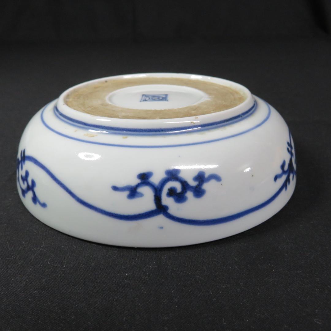 なます皿 4枚 染付 古伊万里 花唐草 銘 渦福 蛇の目高台