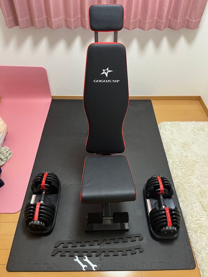 GOGOGUMP トレーニングベンチ 黒/赤 ダンベル、マット付き