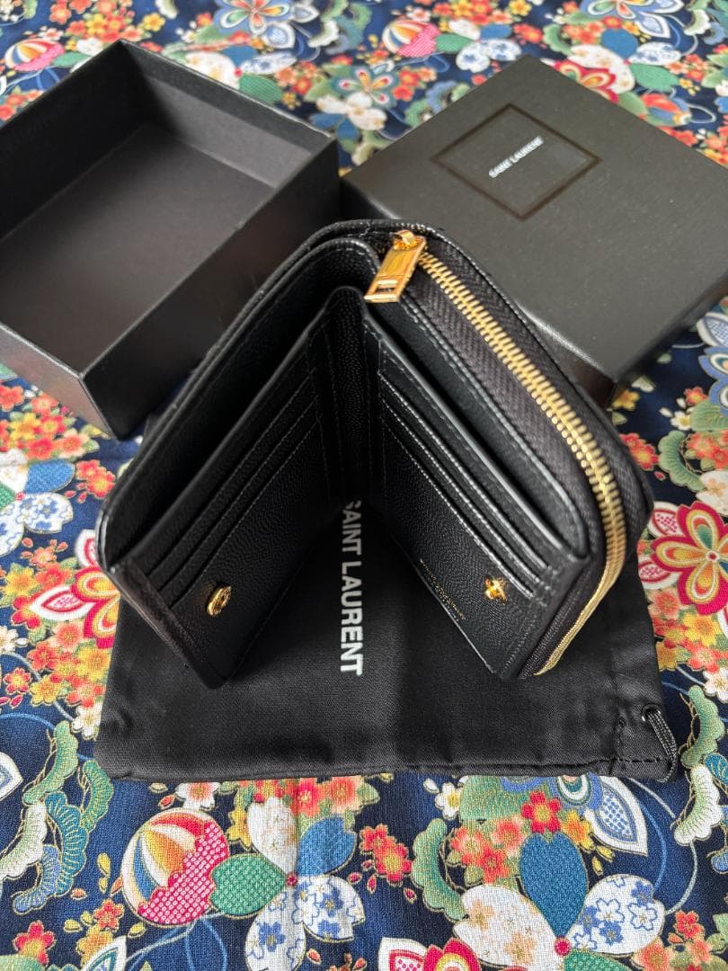 男女兼用 ブラック YSL レザー 二つ折り財布 極美品