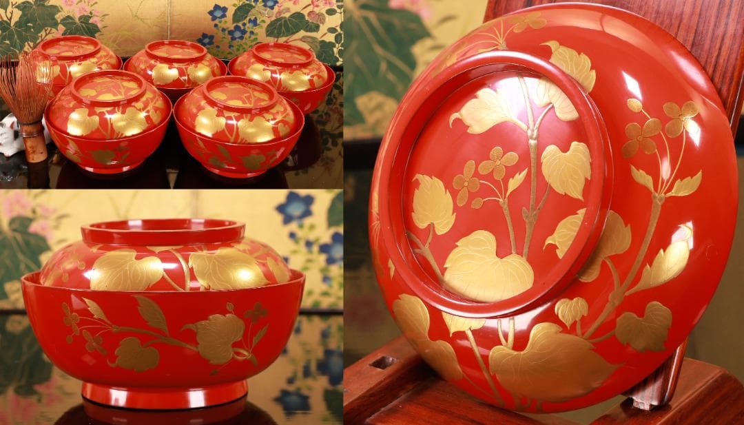 BK128　時代輪島塗　草花図金蒔絵　吸物椀　五客　木製　茶道具 懐石 菓子