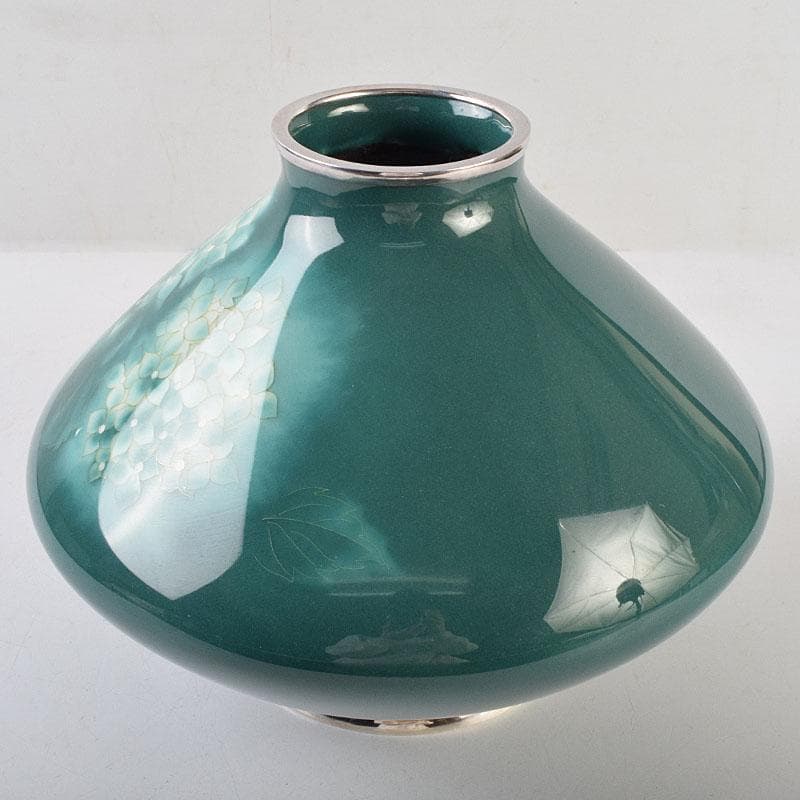 七宝焼　安藤七宝店　純銀刻印　紫陽花文　花瓶　時代箱付　U　R9192B