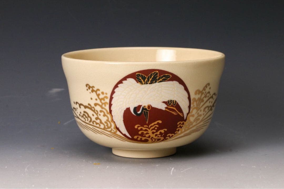 宮地英香 色絵日の出鶴画茶碗 十客 木箱 茶道具