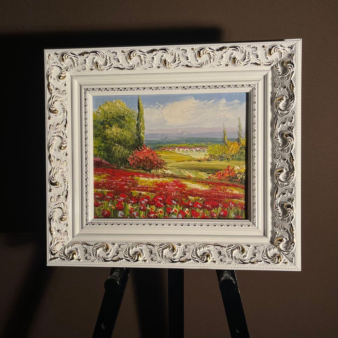 手描き油絵 アネモネ畑 額付 肉筆絵画 インテリア 油彩画