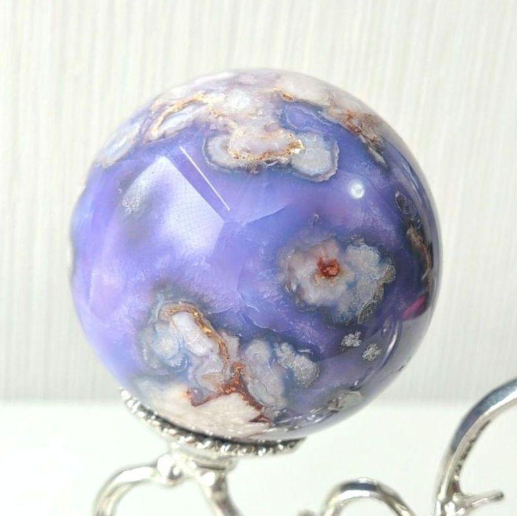 ブルー桜瑪瑙　スフィア　天然石置物　フラワーアゲート　原石　丸玉　ディスプレイ