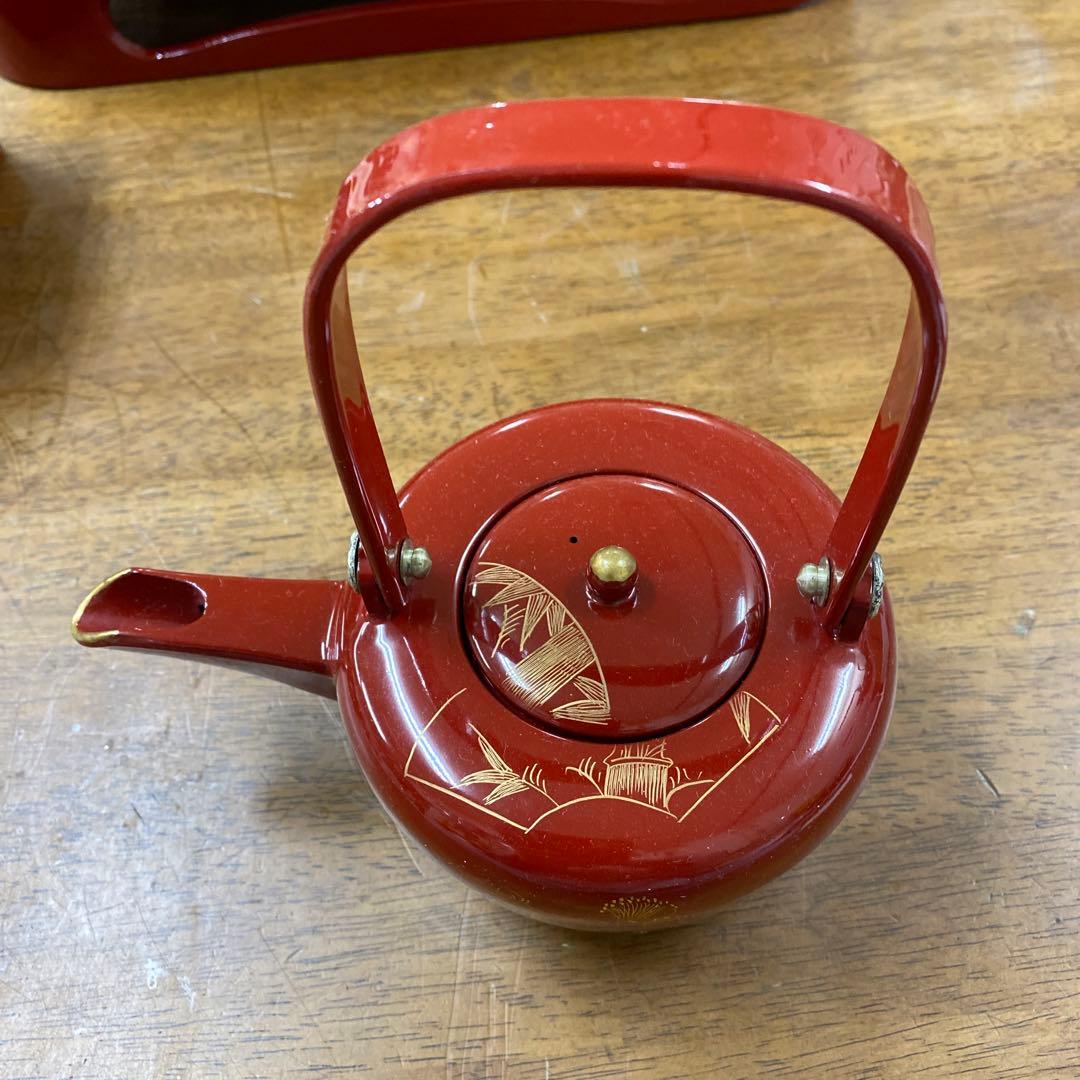 輪島塗四つ揃　木製朱塗沈金扇面蒔絵屠蘇器