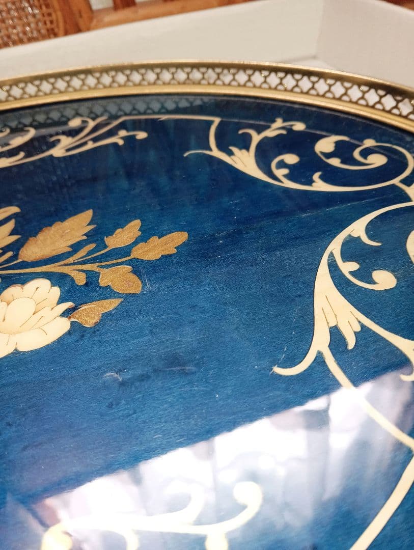 青い花柄の楕円形アンティークレトロトレイ おぼん