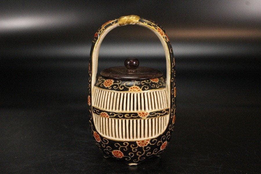 古薩摩 透かし 風呂敷包み 小物 香炉 置物 φ14.5cm 旧家蔵出