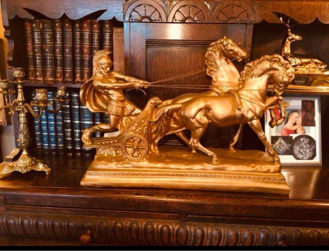 湯布院アンティーク 高級イタリア製 チャリオット 戦闘馬車 置物 ゴールド陶器