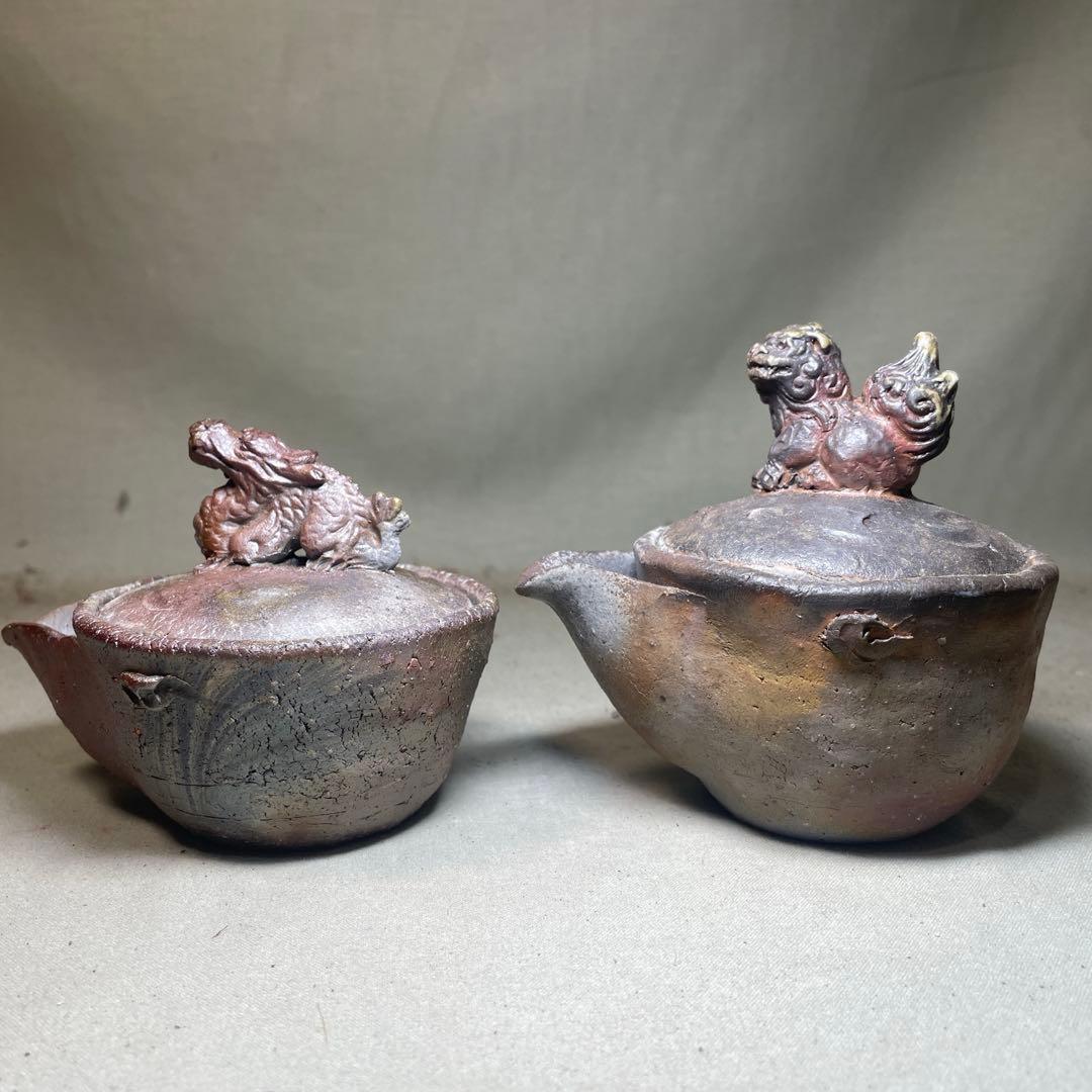 備前焼　備前手造り龍宝瓶　獅子宝瓶 在銘 ２点セット 煎茶器 急須 煎茶道具