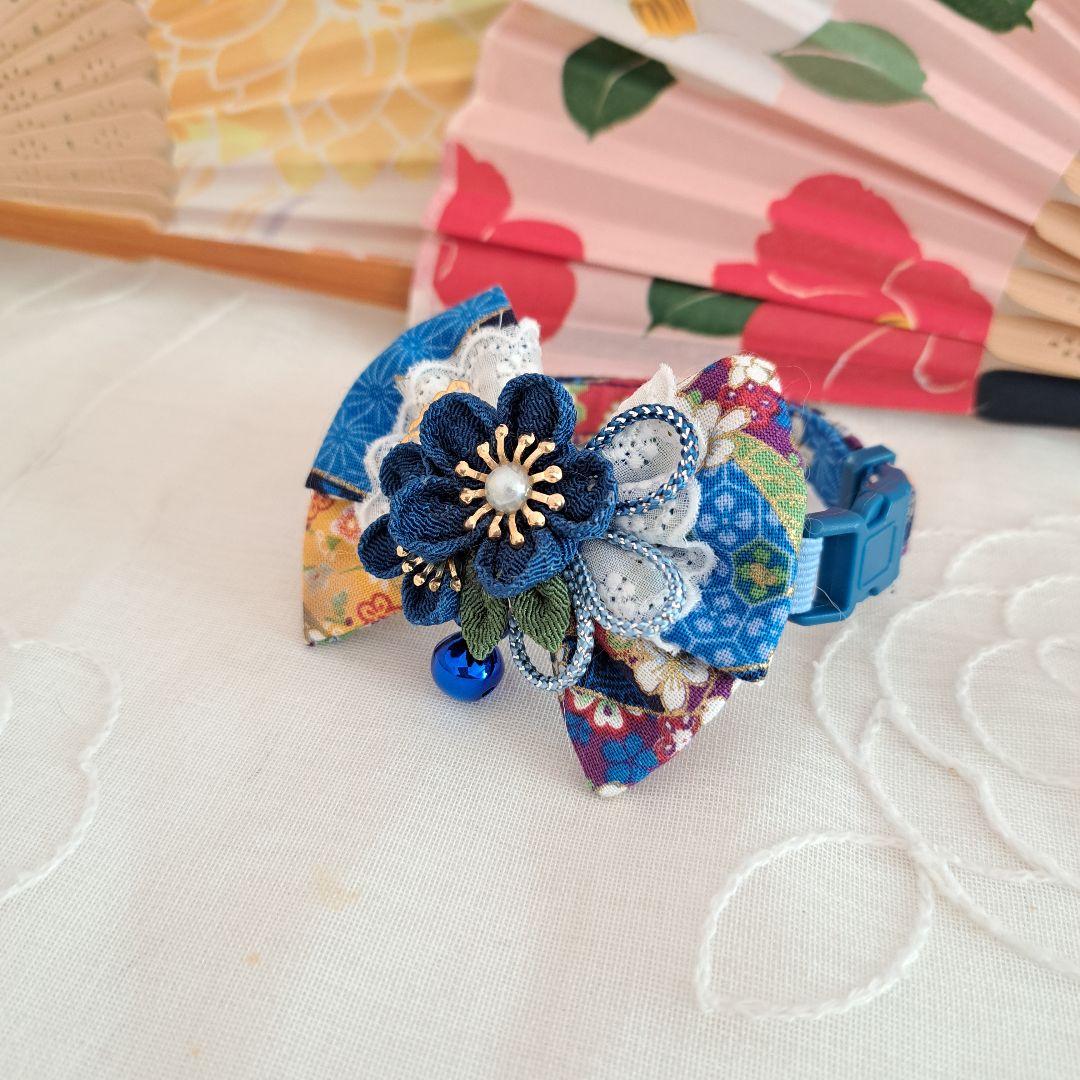 ダブルリボン、和風つまみ細工(青)わんちゃん猫ちゃん用首輪