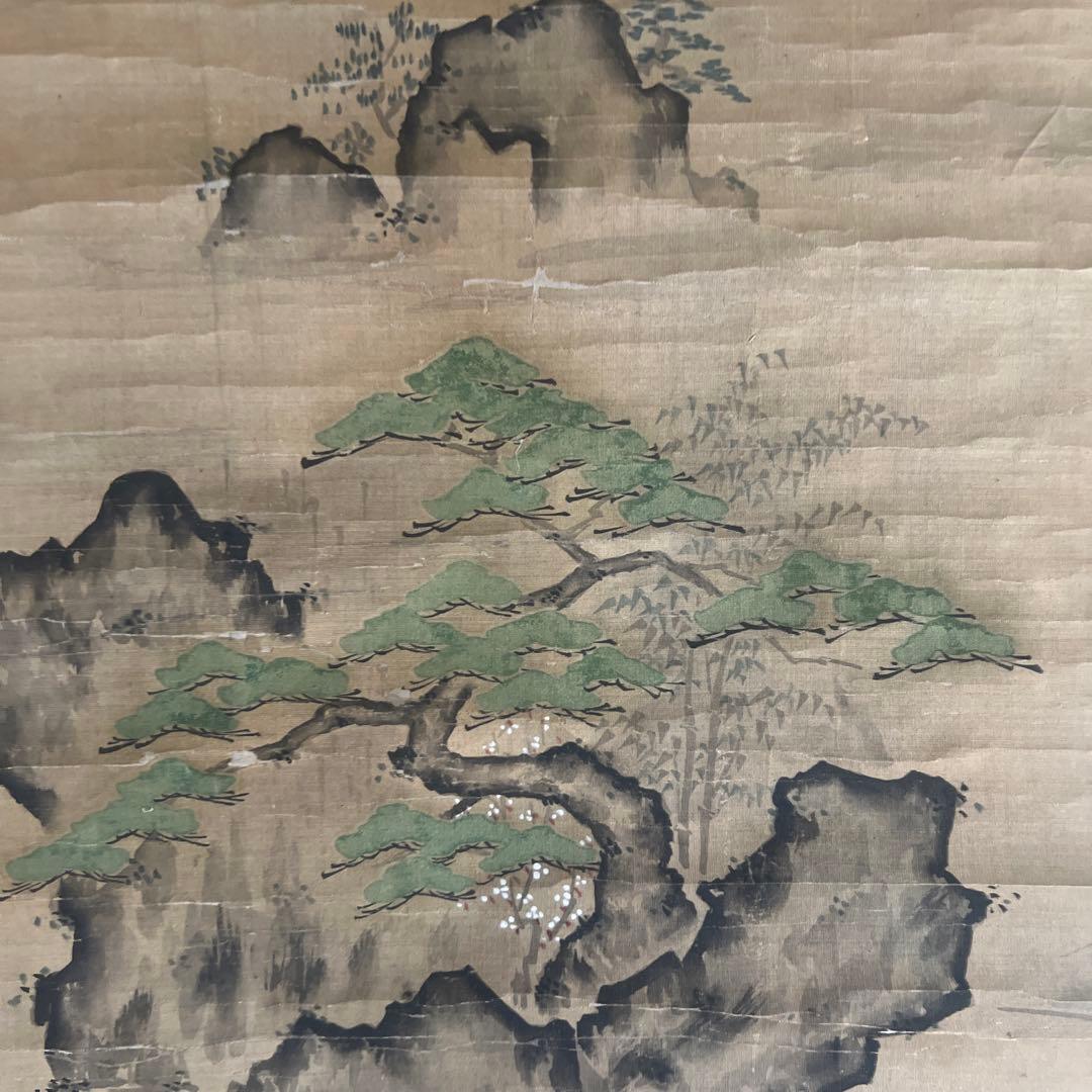 古画　日本画　山水画　仙境 鶴と亀　松竹梅　絹本　肉筆　佚名