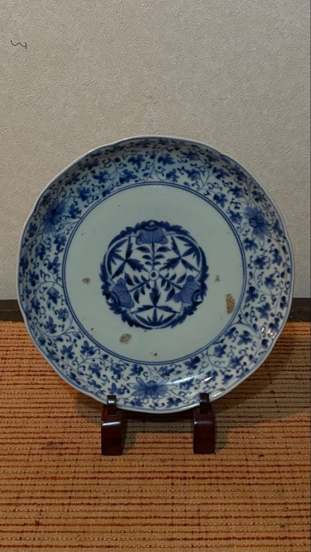 古伊万里　元禄　染付花唐草文　藍柿右衛門手　 七寸皿　古美術　骨董