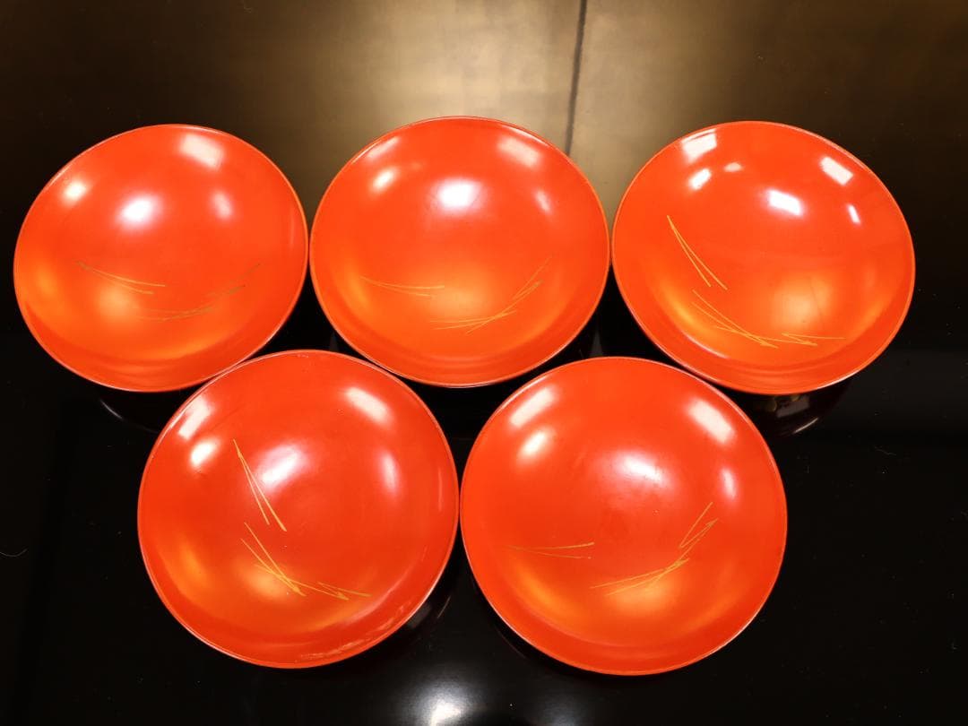 BK416　時代輪島塗　松竹梅図蒔絵　吸物椀　五客　木製　茶道具 懐石 会席