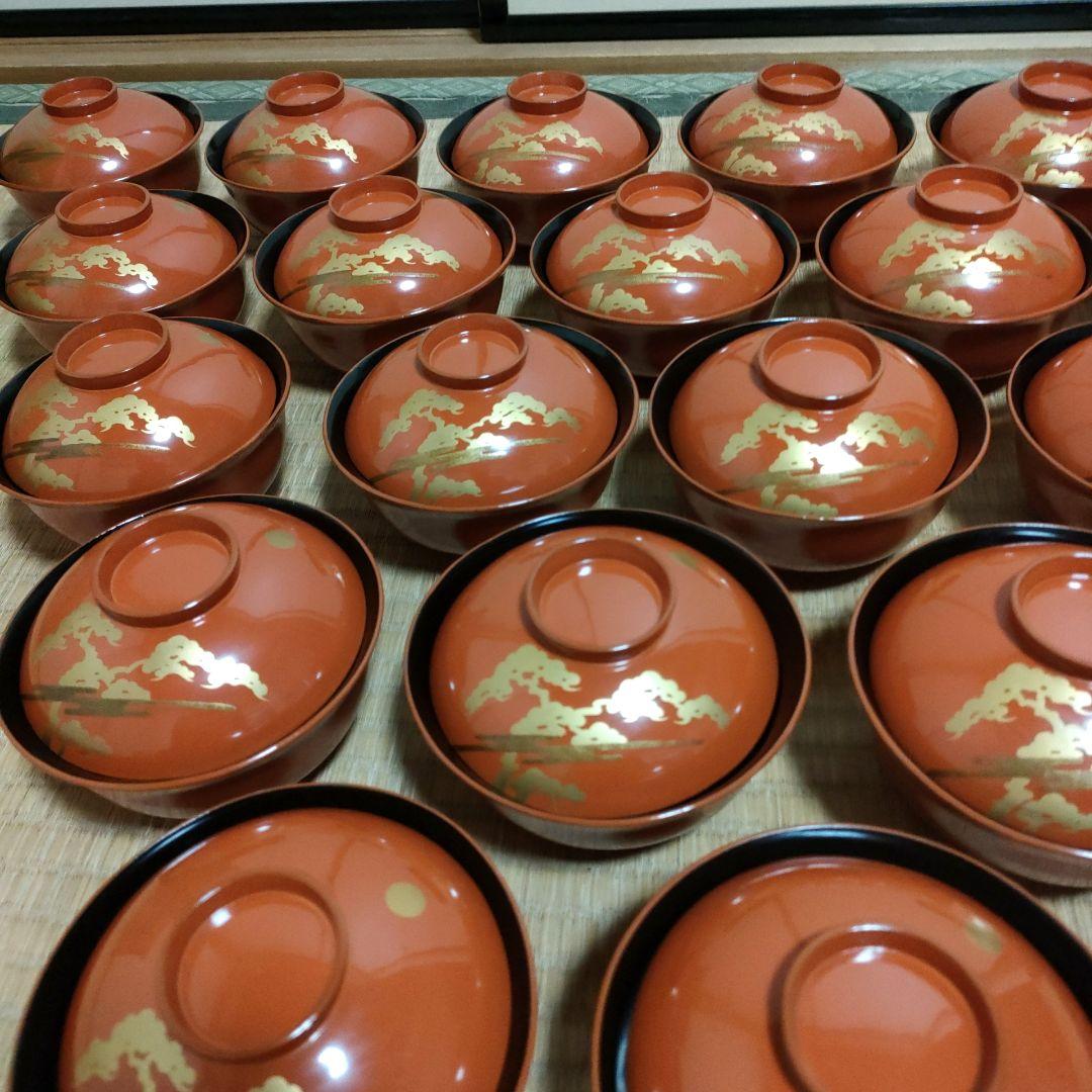 明治期 光琳松 金蒔絵 吸物椀 20客揃 共箱 洗朱 内黒 木製漆器 料亭 懐石