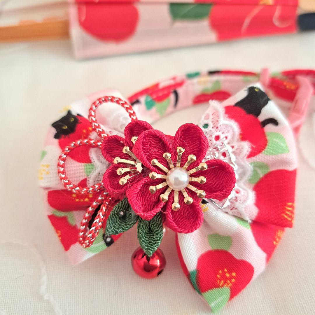 ダブルリボン、和風つまみ細工(ピンク①)わんちゃん猫ちゃん用首輪