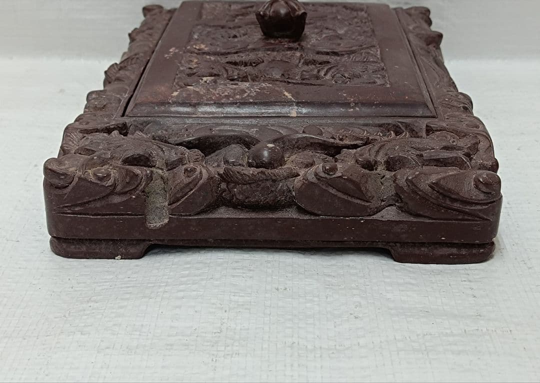 骨董品　大硯　雲龍彫刻　蓋付　書道具　3.45kg 中古品