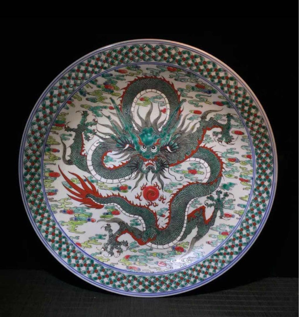 中国古美術・旧蔵粉彩陶芸・大清康熙年製　超大型盤龍彩飾皿・風水置物骨董品・極細工