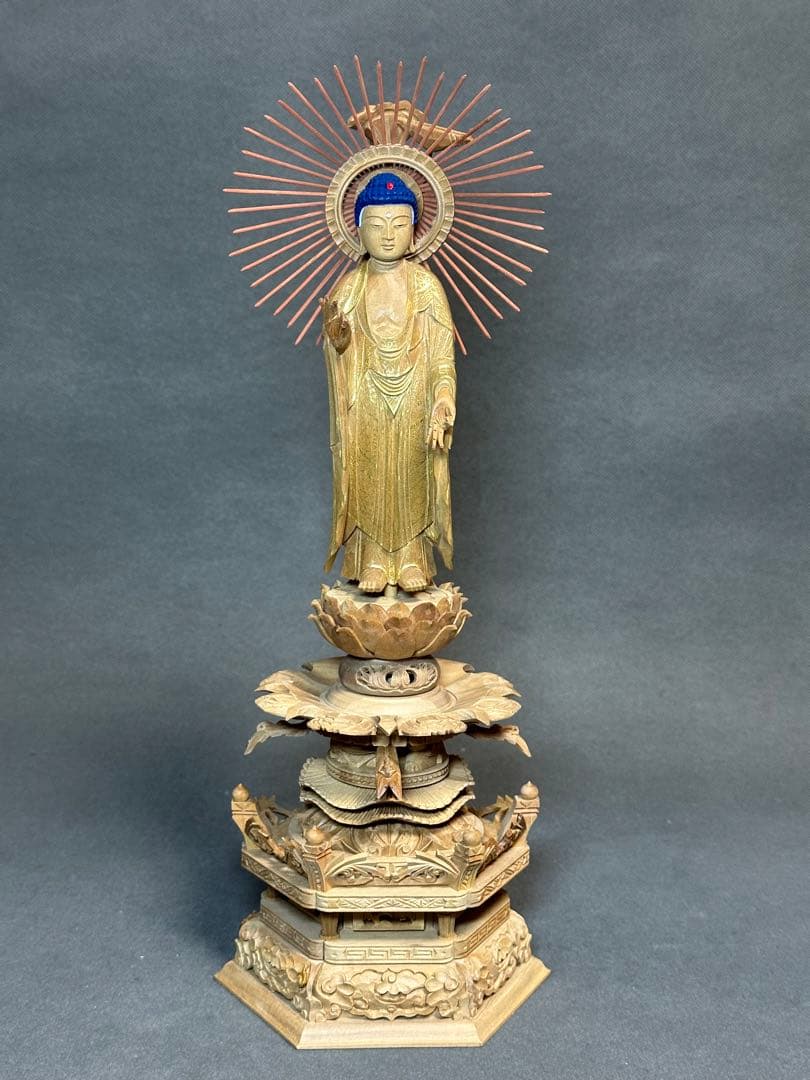 白檀　金泥書　丹型阿弥陀如来　4.5寸 六角ケマン台　木彫り　仏像アンティーク