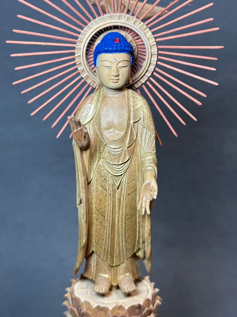 白檀　金泥書　丹型阿弥陀如来　4.5寸 六角ケマン台　木彫り　仏像アンティーク