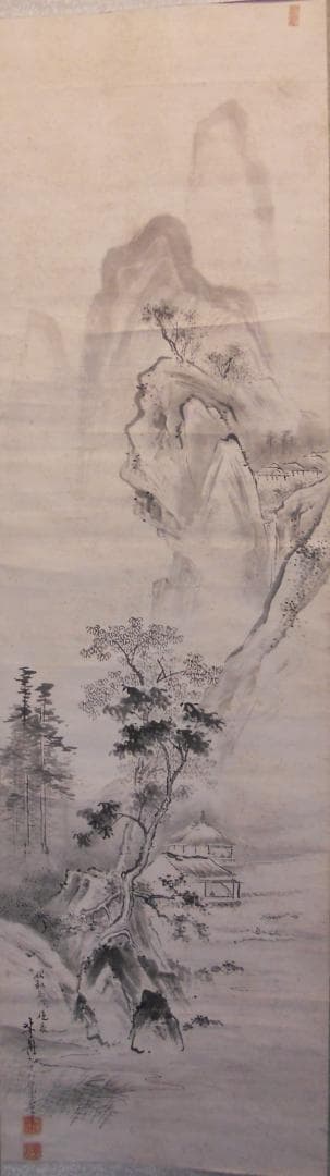 掛け軸 河村芳舟 晩秋山水図 紙本 希少 軸装 茶道具 掛軸 です。