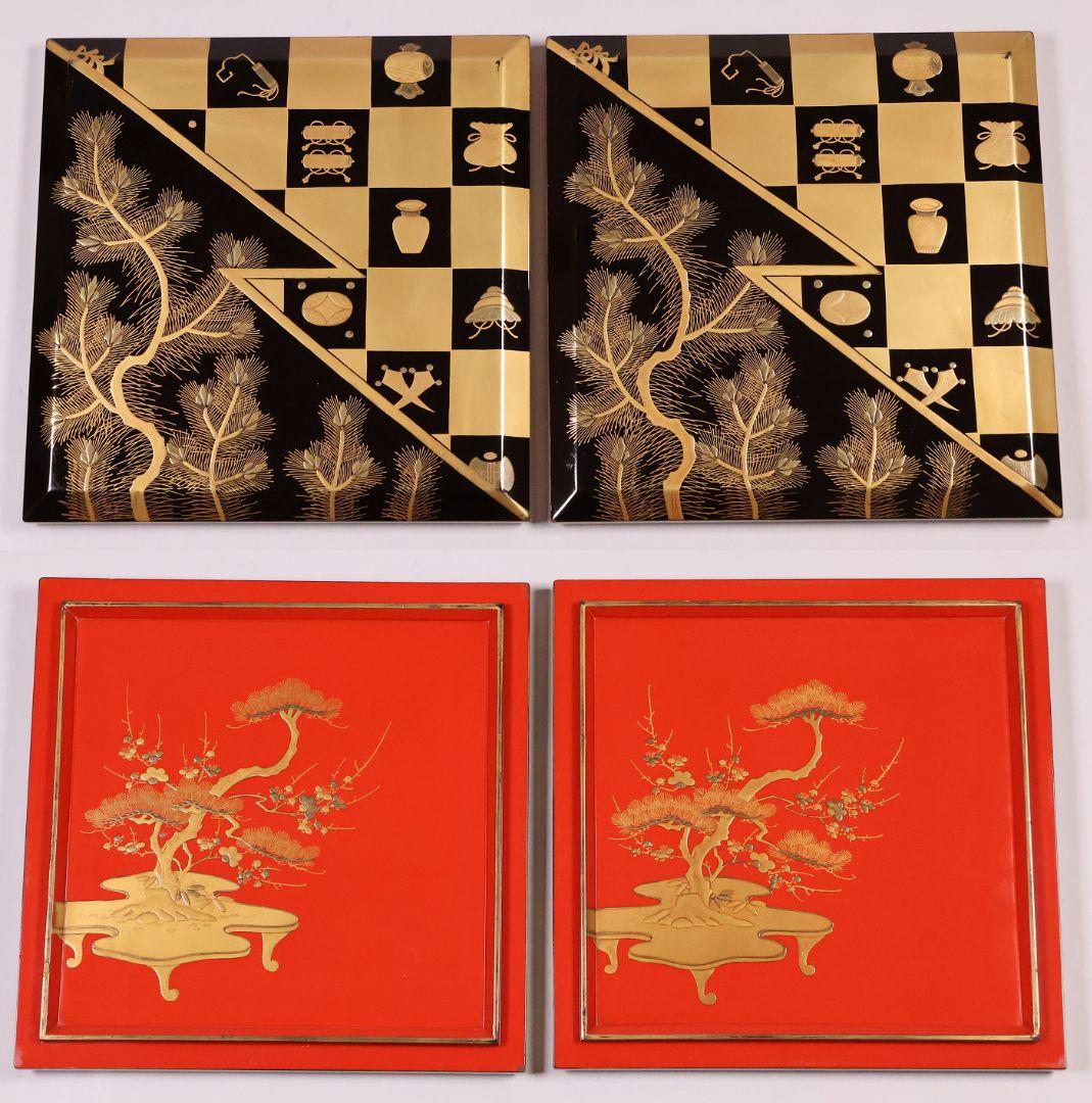 【MB209】時代物 市松に宝尽 松竹梅 金蒔絵 五段重箱 台付 天然木 漆塗