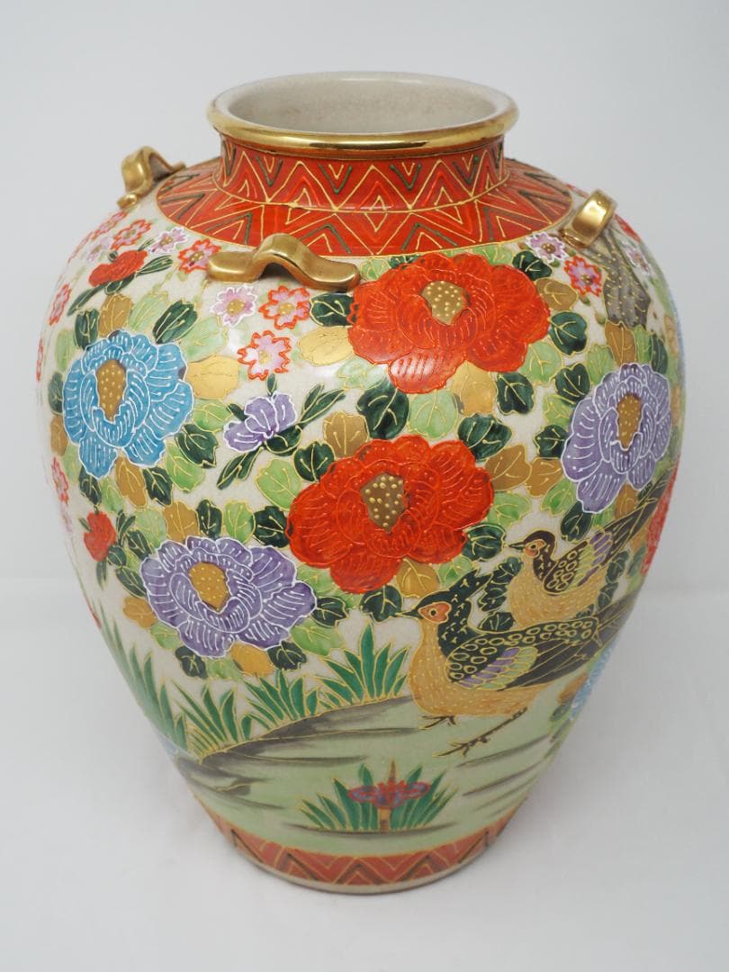 色絵金彩花鳥図　花瓶　薩摩焼　耳付壺　-SO