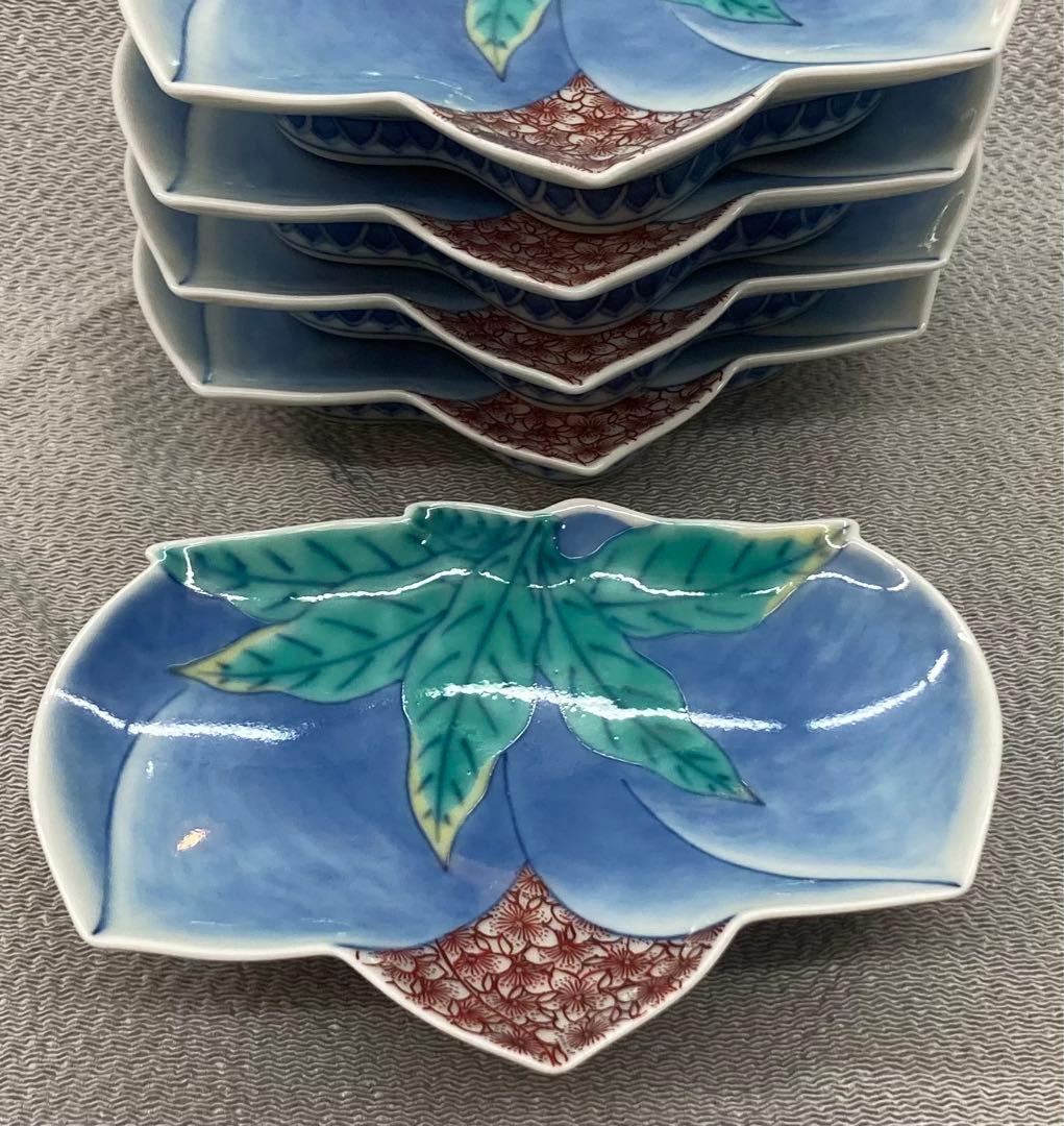 B100s  今泉今右衛門「色絵双桃変形小皿  5枚」  鍋島焼　箱無し　有田焼