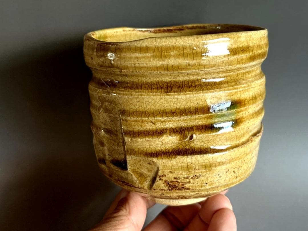 茶碗■黄瀬戸 筒茶碗 織部窯 八代【加藤実作】号加実 時代物 骨董品■