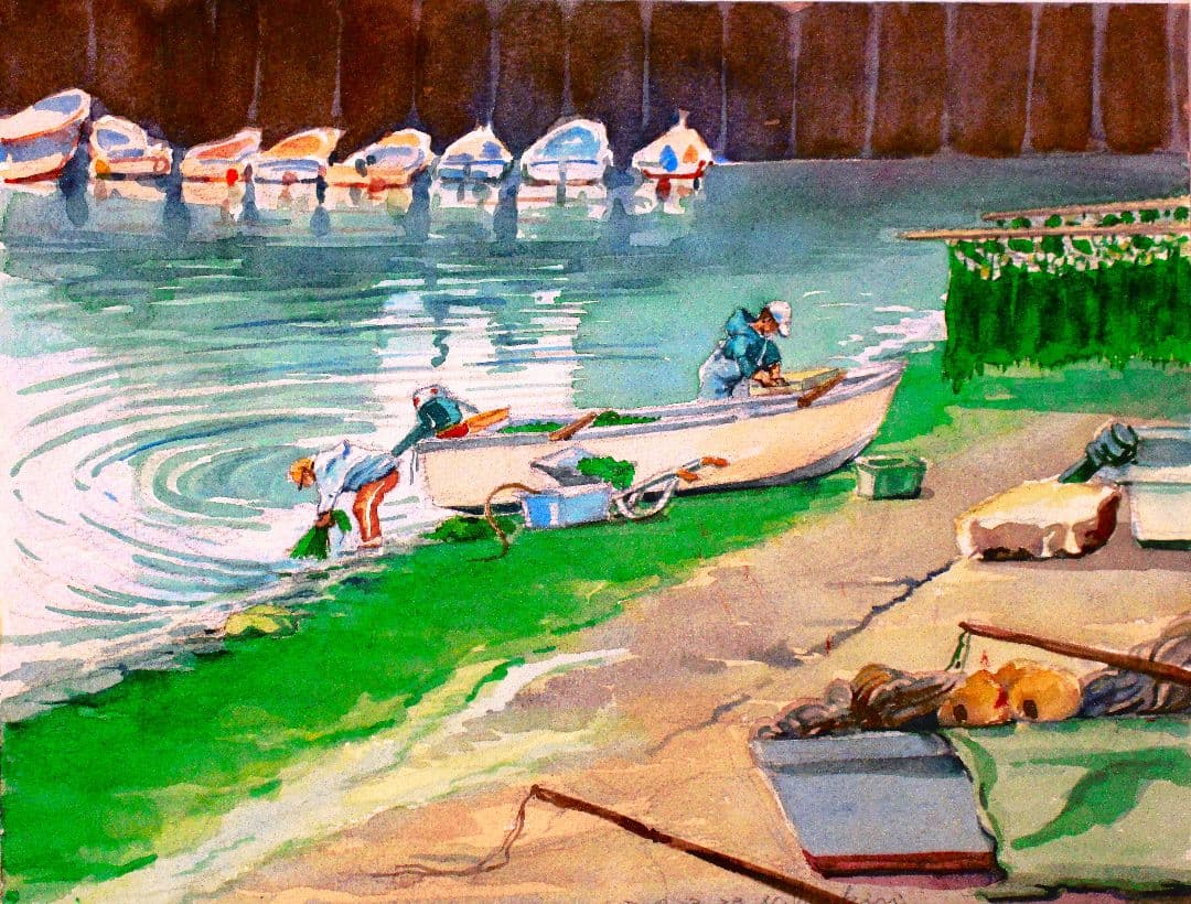 水彩画 漁師とボート フレーム付き F6サイズ