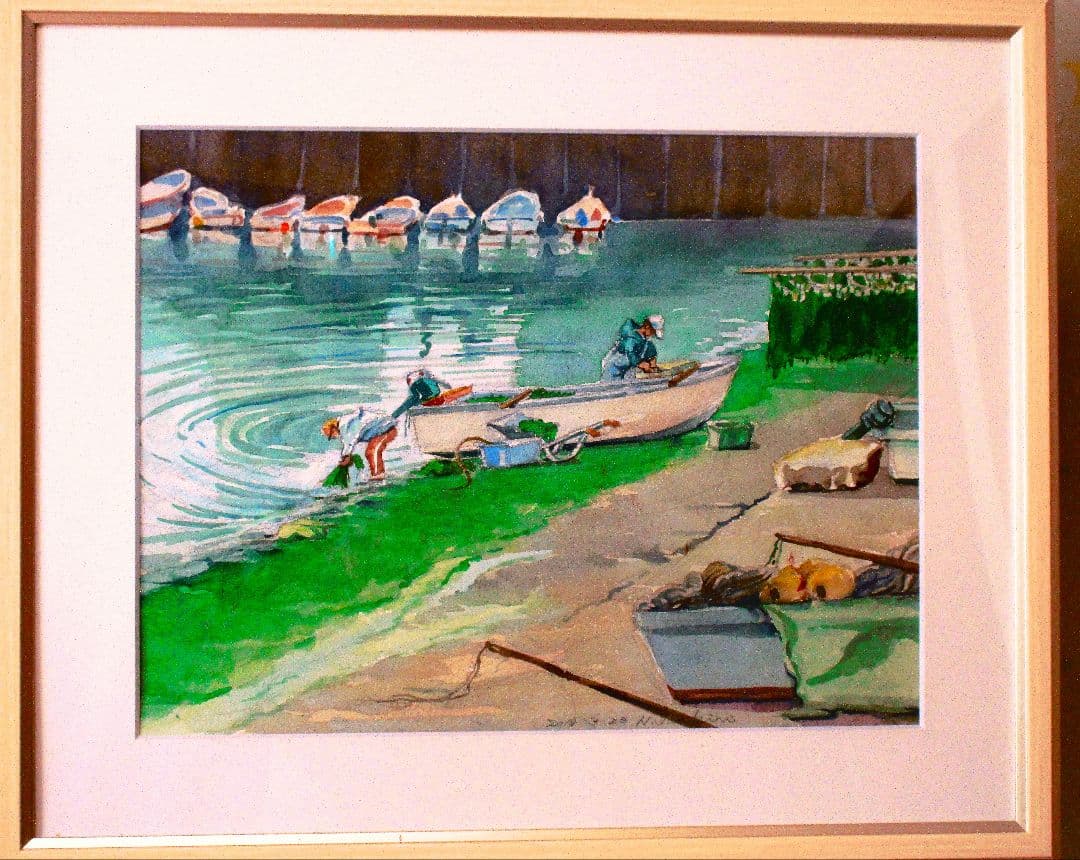 水彩画 漁師とボート フレーム付き F6サイズ