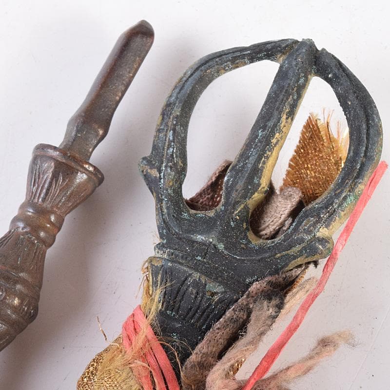 チベット密教法具　古銅　独鈷杵　三鈷杵　五鈷杵　玉石数珠　5点　G　R7765