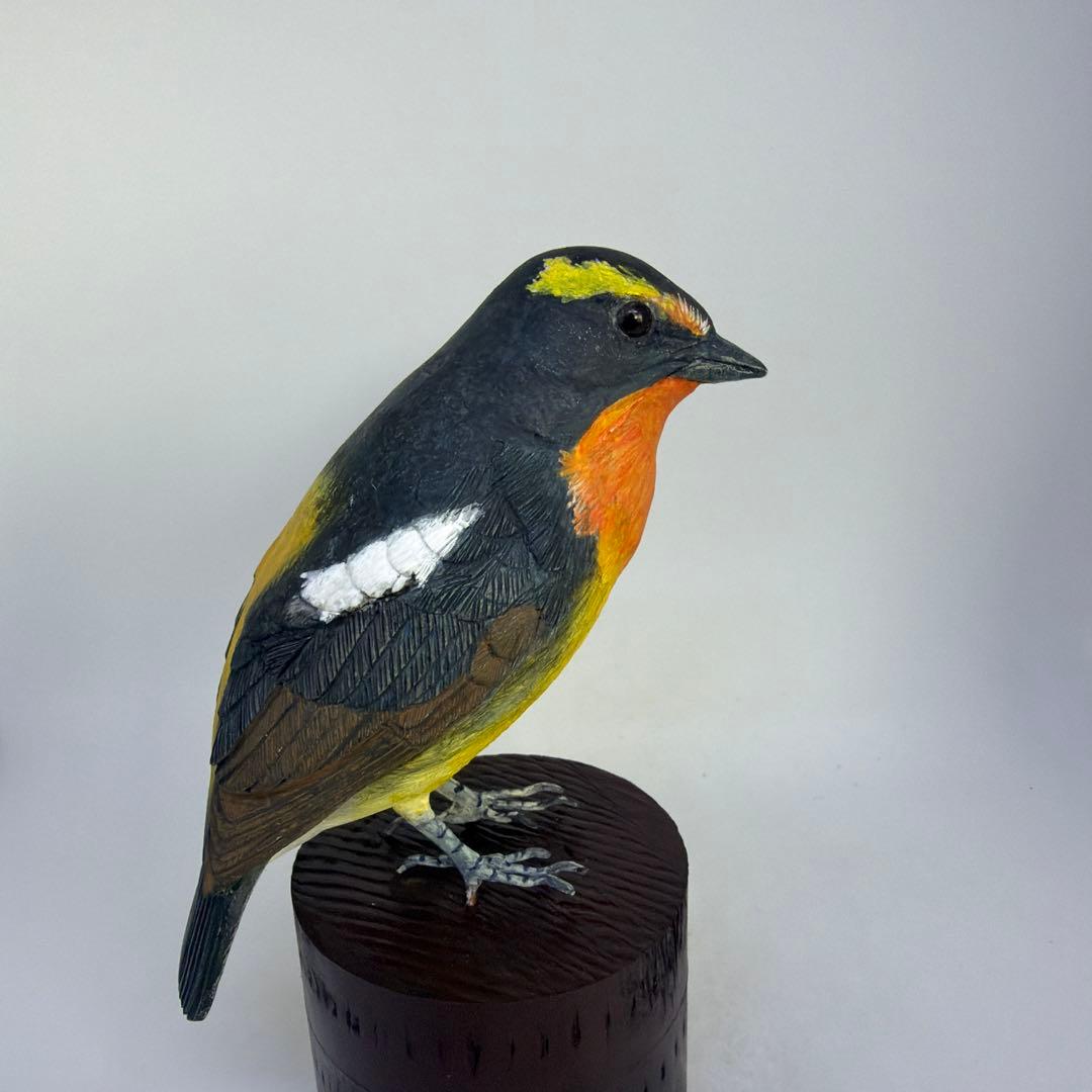 「キビタキ」　木彫りの野鳥　 バードカービング　野鳥彫刻 リアル彫刻