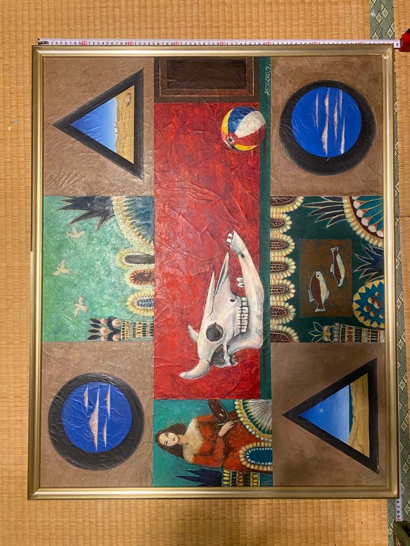 アクリル画 動物の頭骨 高級感あるフレーム入り 約75cm x 94cm